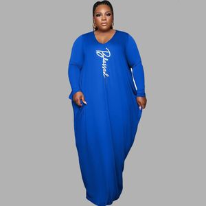 Plus Size Kleider Elegante Größe für Frauen 4XL 5XL Druck V-Ausschnitt Langarm Taschenseite Plissee Stretch Lose Maxi Großhandel 230130