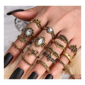 Anelli a fascia Gioielli di moda Anello vintage Set Serpente Fiore intagliato Corona di piume Imposta 16 Pz / set Consegna goccia Dhe3O