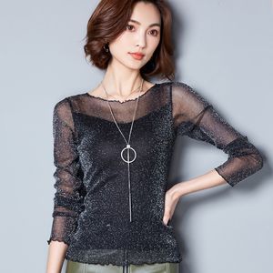 Kvinnors tshirt glitter mesh blus sexiga kvinnors skjortor långärmad topps koreansk svartrosa oneck elegant smala kamisor femininas 230131