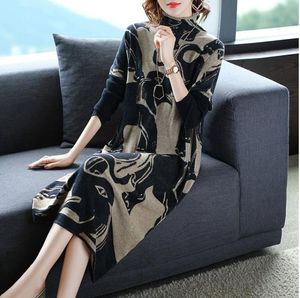 Casual Dresses ZUOMAN Loose Print Knitted Turtleneck Wool Sweater Autumn Winter 3XL Plus Size Vintage Elegant Long 230130