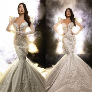 Elegant V Neck Mermaid Wedding Dresses Vintage Lace Beading Brudklänningar Custom Made Full Sleeve Dress Vestido de Novia