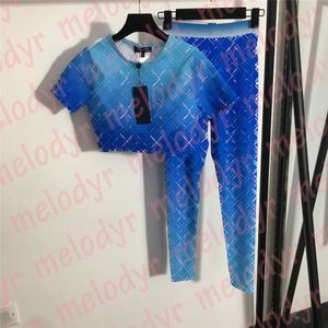 Gradient färg sportkläder kort ärm gym topp tracksuit elastiska sport leggings brev kvinnor träning kläder