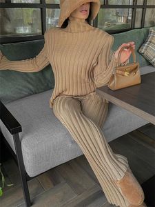 Dostyki damskie Wrzucane żebrowane stroje dzianinowe sweter z długimi rękawami Top i spodnie 2 sztuki