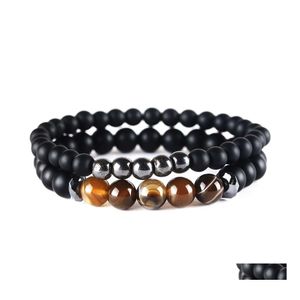 Perlenstränge Mode 2 Stück 6/8 mm Dl polierte schwarze Steinperlen Armband Matt Onxy Bead Stahlarmbänder Set für Frauen Gebetstropfen Otf2G