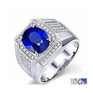 Solitaire Ring Men Sier J￳ias Oval Sapphire Zircon Gemstone Moda Rings Acess￳rio para Macanado Party Dh9r6