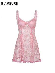 Casual Dresses IAMSURE Sweet Cute Lace Cami Dress See Through Sexy Slim Sleeveless Ruffles Bow A-Line Mini For Women Summer Spring Lady 230131