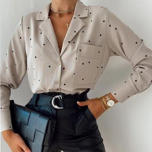 Kadınlar Blouses 2023 Bahar Kadınlar Uzun kollu şifon gömleği moda polka nokta v yaka kadın gömlekleri