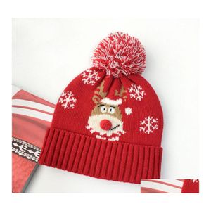 Beanie/Skull Caps Autumn Winter Christmas Hat Snowflake Jacquard Pattern Red Hem Wool Ball Big Girl Womens Knitted Beanies Warm Hats Dhlms