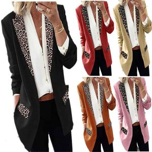 Ternos femininos 2023 Moda de outono da primavera Média longa longa emendamento de leopardo Manga de lapela Slim Temperamental Suit de casaco feminino Tide H061
