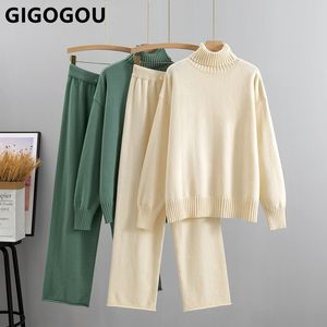 Tute da donna GIGOGOU Autunno Inverno Donna Dolcevita Maglione Completo Moda Maglia Due pezzi Pantaloni larghi Set Soft Warm lady Tuta oversize 230131