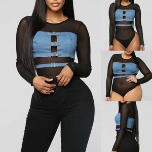 Women's Jumpsuits & Rompers Patchwork Women Jumpsuit Mesh Sheer Bodysuit Leotard Long Sleeve Tops Bodycon Bandage Party Romper Skinny Clothe