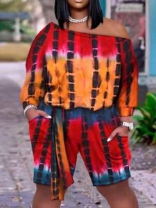 Women's Plus Size Tracksuits LW Twopiece Shorts مجموعة قارب الرقبة Tiedye 5XL Off the يجب أن يكون 2pcs المرقور الصيفية 230130