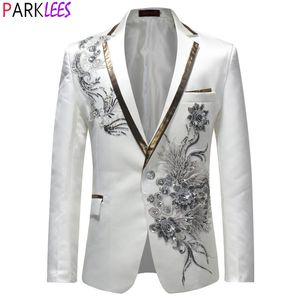 Men's Suits Blazers White Floral Sequin Embroidery Suit Jacket Men Wedding Groom Tuxedo Suit Blazers Mens One Button Lapel Stage Costume Homme 230130