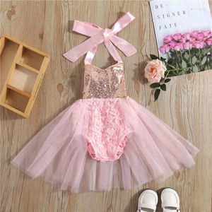 Rompers Baby Girls Halter Neck Romper Infant Sweet Style Rose Sequins Decoration Mesh Splicing Sleeveless Jumpsuit Dress 0-24Months