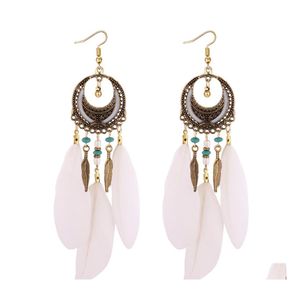 Dangle Chandelier Bohemian Fashion Jewelry Womens Vintage Feather Leaf Furtsles Circle Kolczyki upuszczenie dostawy dhd2j