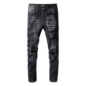 Jeans maschili di alta qualità grigio streetwear streetwear fashing lettere ricamate danneggiate i pantaloni strappati magri per uomini 230131