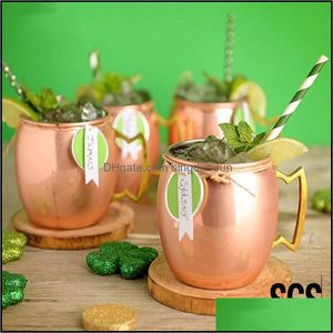 Mugs Moscow Me Mug Copper 18Oz Stainless Steel Beer Cup Oro rosa placcato martellato Cocktail Drinkware Coffee Cups Vt1669 Drop Deliver Dhiws