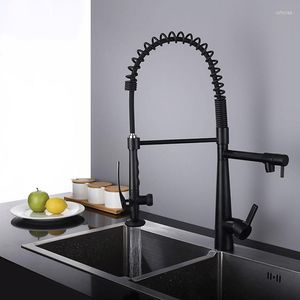 Rubinetti da cucina 580mm Alto nero opaco Tutto in ottone Rubinetto multifunzione Miscelatore a molla estraibile con beccuccio a doppia modalità