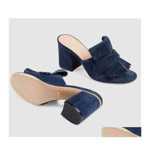 Sandaler Dam Mocka Mellanhäl Pump Sandal Plattform Designerskor Marmont Med Vikfransar Äkta Läder Högklackat Box Us11 No Dro Dhpfg