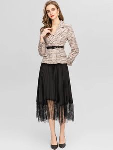 Abiti da lavoro MoaaYina Fashion Runway Autunno Gonne Abito da donna Manica lunga con cintura Blazer in tweed Cappotto Gonna di pizzo a pieghe nera Set di due pezzi