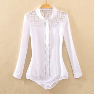 Women's TShirt Fashion Office Blouse Women Stand Collar Lace Patch Long Sleeve Body Shirt Romper Tops Hollow out suit White 230131