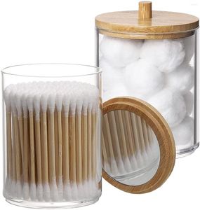 Förvaringslådor bambu makeup bomullsplatta arrangör med spegel akryl container transparent badrumslåda