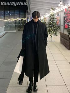 Erkek Yün Karışımları Sonbahar Kış uzun trençkot markası erkekler kaşmir gevşek rahat tek göğüslü palto erkek moda siyah katlar 230130