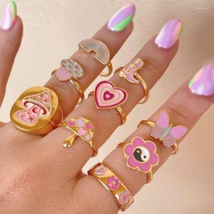 Cluster Rings Vintage Y2K Colorful Mushroom Butterfly For Women Men Trendy Aesthetic Lover Couple Friendships Finger Ring Jewelry