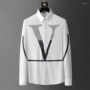 Men's Dress Shirts Big V Rhinestones Slim Long Sleeve Shirt Trend Lapel S Casual Social Club Outfits Black White Men