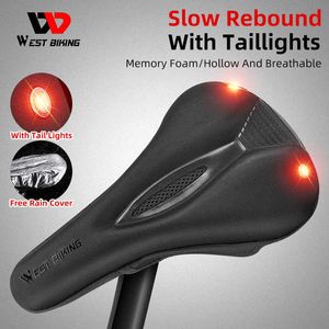 Saddles WEST BIKING MTB Gel Padded Bike Saddle With Warning Taillights Comfortable Memory Foam Bicycle Seat Cushion Rain Cover 0131