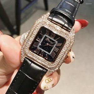 Pulseira de pulso Top Luxury Full Diamond Square Bracelet Watches Women Fashion Leather Strap Rhinestone Quartz Assista elegante feminino clockwristwa