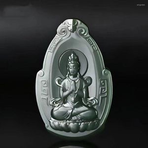 Pendant Necklaces Jewelry Natural Hetian Sapphire Carved Guanyin Men And Women Black Green Jade Necklace Exquisite Chain