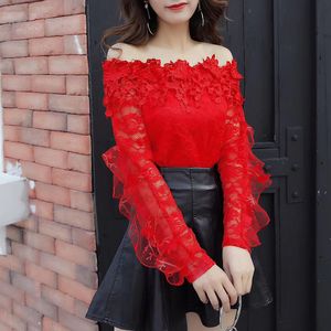 Women's TShirt Autumn Women Summer Mesh Blouse Sweet Floral Lace Shirt Female Ruffles Tassel Slash Neck Blusas Short Tops AB849 230131