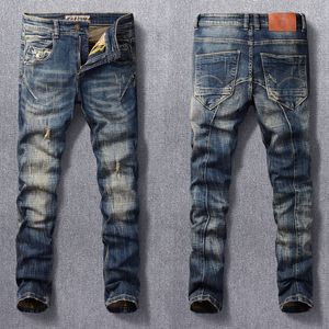 Erkek Kot Streetwear Fashion Retro Siyah Mavi Elastik İnce Uygun Yırtılmış Tasarımcı Hip Hop Denim Pants Hombre 230131