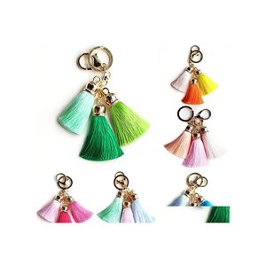 Keychains Lanyards Wholesale Women Fashion Keychain Lovely Mix Color Three Tassel Pendants Key Chains Jewelry Phone Bag Accessory Dhevh