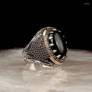 Anéis de casamento vintage signo turco artesanal vintage para homens metal dois tons esculpidos em zircão preto punk jóias de anel de motociclista