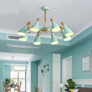 Chandeliers Children Bedroom Wood Lamps Pink Pendant Lights Hanging Lamp For Sitting Room E27 6-8 Pcs Green Kid Lighting Lampshade 110-240V