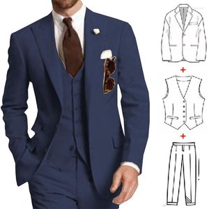 Men's Suits Classic Business Suit For Men 3 Pieces Navy Blue Men's Formal Blazer Three Pockets Man Wedding Trajes De Hombre