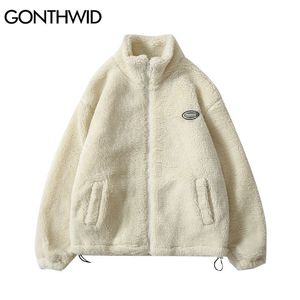 Herrjackor Hip Hop Winter Fleece Fluffy Jacket Streetwear Harajuku Fuzzy Zipper Coat Men Autumn Solid Color Lightweight Black Beige 230130