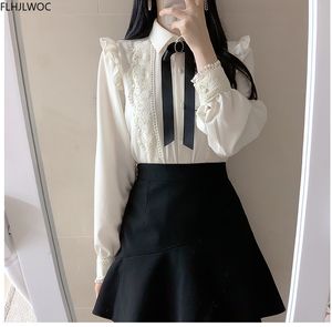 Kvinnors blusar skjortor Ruffled Autumn Spring Basic Office Lady Wear Women Single Breasted Button Solid Peter Pan Collar Top White 230131