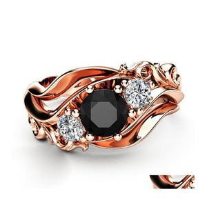 Solitaire Ring Huitan Witch Unique Black Stone Prong Setting Twist Band Design Rose Gold Color Women Engagement Finger Rings Wholesa Dhzkx
