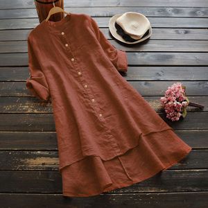 Camiseta feminina plus size women tops blusses outono botão solto botão de manga comprida blusa de vestido casual linha sólida túnica 230131