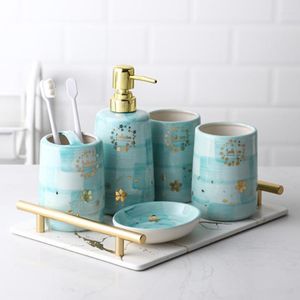 Badtillbehör Set Handmålad stjärnklar keramiskt bröllop Badrumstillbehör Tillbehör Tray Kit Tandborste Holder Soap Dispenser