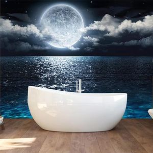 Wallpapers PVC Self-Adhesive Waterproof Mural Wallpaper 3D Starry Sky Moon Sea Night View Wall Painting Bathroom Living Room Stickers