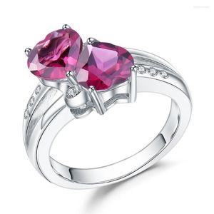 Rings de cluster Ballet de Gem 2,94ct Rhodolite natural Garnet Hearts Double Hearts of Love Ring 925 Sterling Silver Engagement for Women Jewelry