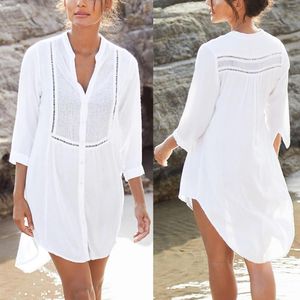 Casual Dresses Women Bikini Cover Up Dress Plain 3/4 Sleeve V-Neck Cutouts Button-Down Midi Beach Ladies Loose Swimwear Cover-Up