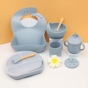 Cups Dishes Utensils 7PCS/Set Baby Silicone Feeding Tableware Sucker Bowl Dining Plate With Cover Bibs Spoon Fork Sippy Cup Glass Dishes BPA Free 230130