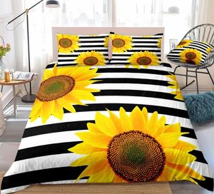 Bedding Sets 3 Pieces Yellow Sunflowers Black White Stripe Duvet Cover Set Flower Quilt Queen Bed Sunflower King Dropship