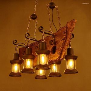 Pendant Lamps Retro Industrial Lamp 6 Head Old Boat Wood Light American Country Style Edison Bulb