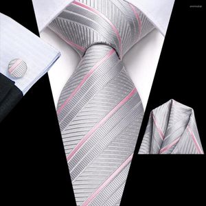 Bow Ties Striped Silver Pink Silk Wedding Tie For Men Handky Cufflink Gift Necktie Fashion Business Party Dropship Hi-Tie Designer